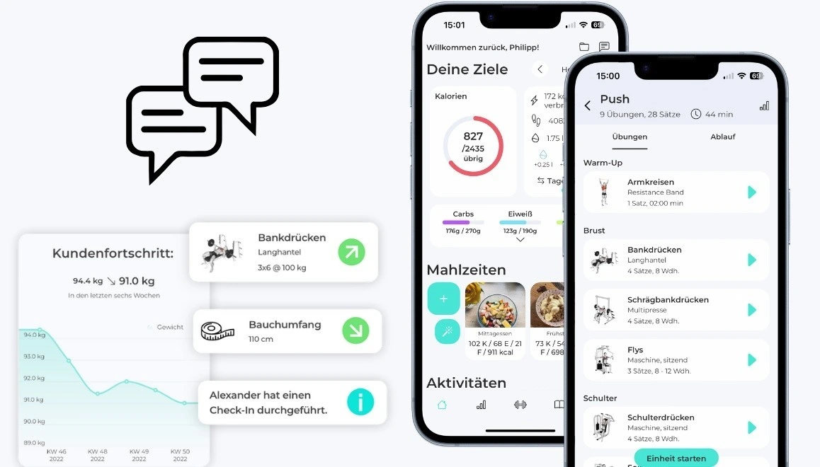 Einblick in die Coaching-App mit Trainingsplan, Ernährungsübersicht und Fortschritten